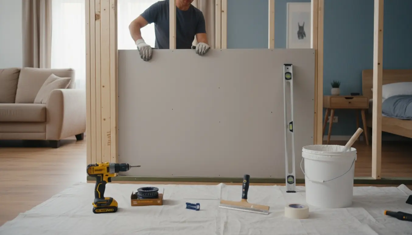Håndværker monterer gipsplade for at lukke et hul mellem to rum.