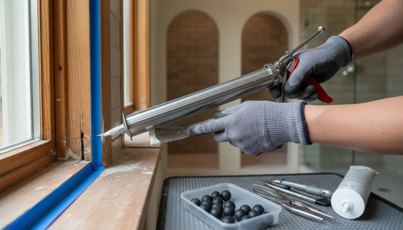 Nære hænder omfuger et vindue med fugepistol, små gummikugler og badeværelsesfliser i baggrunden.