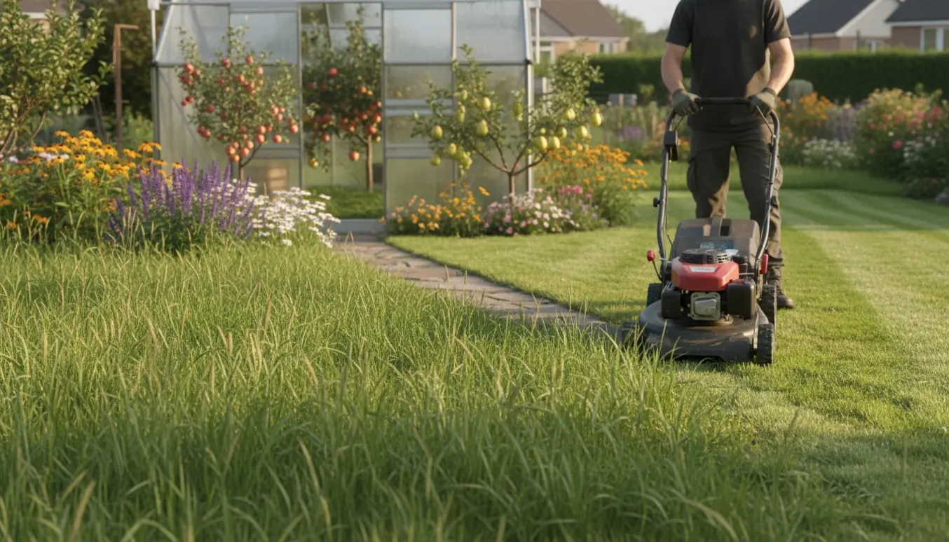 En person klipper en stor, lang græsplæne ved et drivhus og nogle frugttræer, med friske striber efter plæneklipperen.