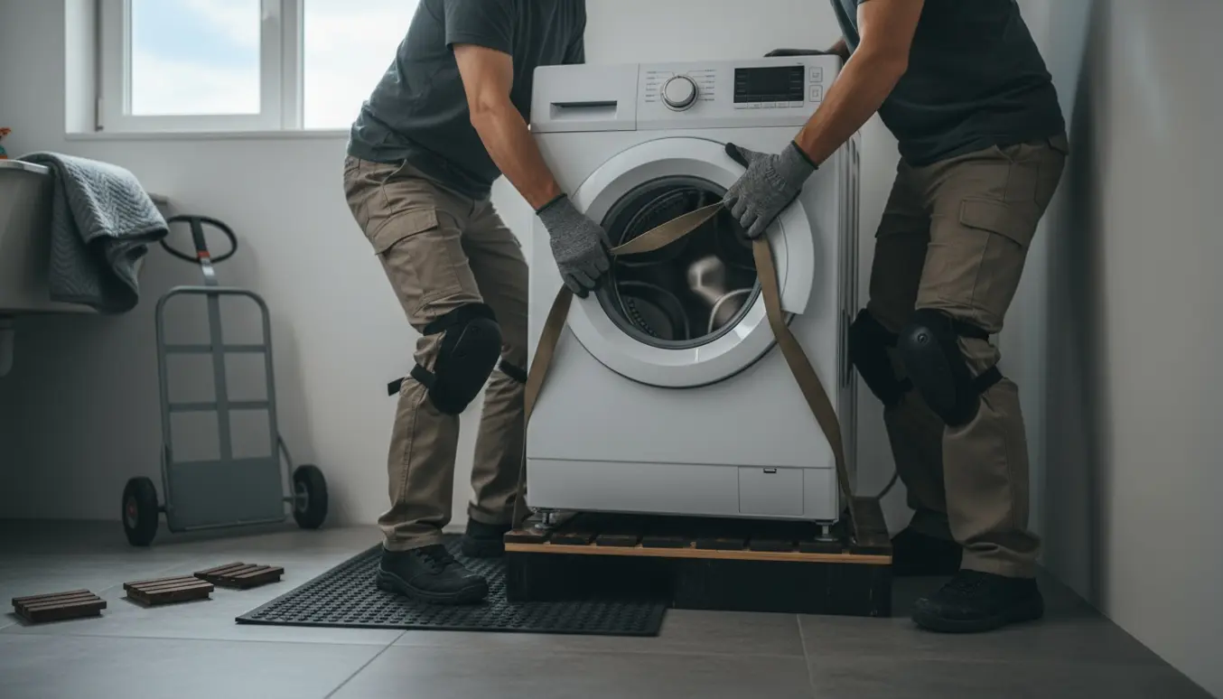 To personer løfter en tung vaskemaskine op på en lav platform i et trangt bryggers, ansigter er afskåret.