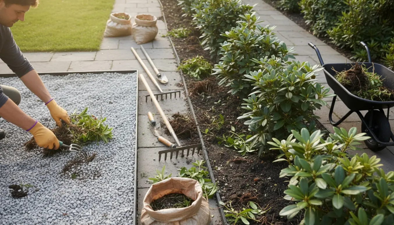Hænder i handsker fjerner ukrudt fra et perlesten-bed ved siden af et langt rhododendron-bed med haveredskaber og sække.