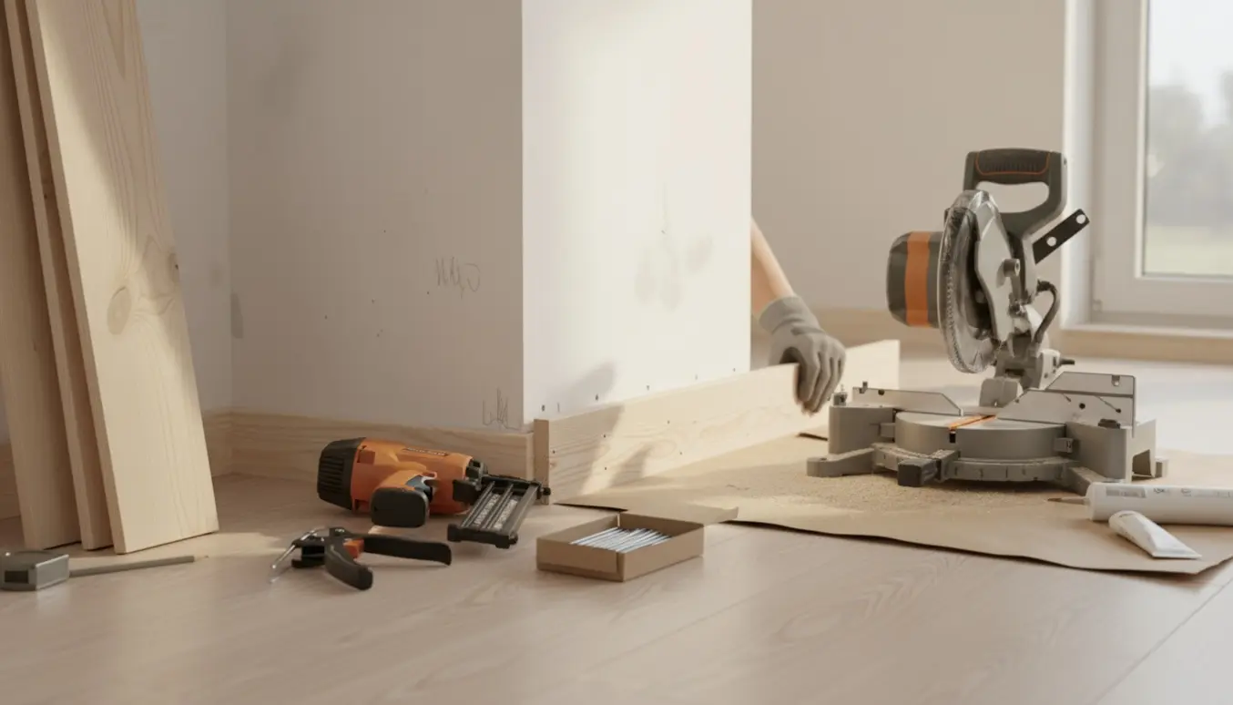 Hænder monterer hvide fodpaneler i fyrretræ langs en væg med sømpistol og savværktøj i et lyst rum.