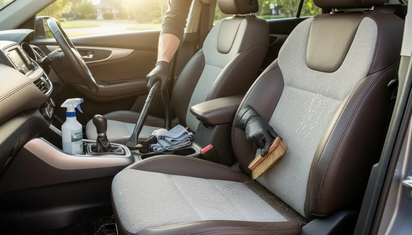 Indvendig rengøring af en kompakt crossover (T‑Roc-stil) med sæderens, støvsuger og mikrofiberklude uden synlige logoer.