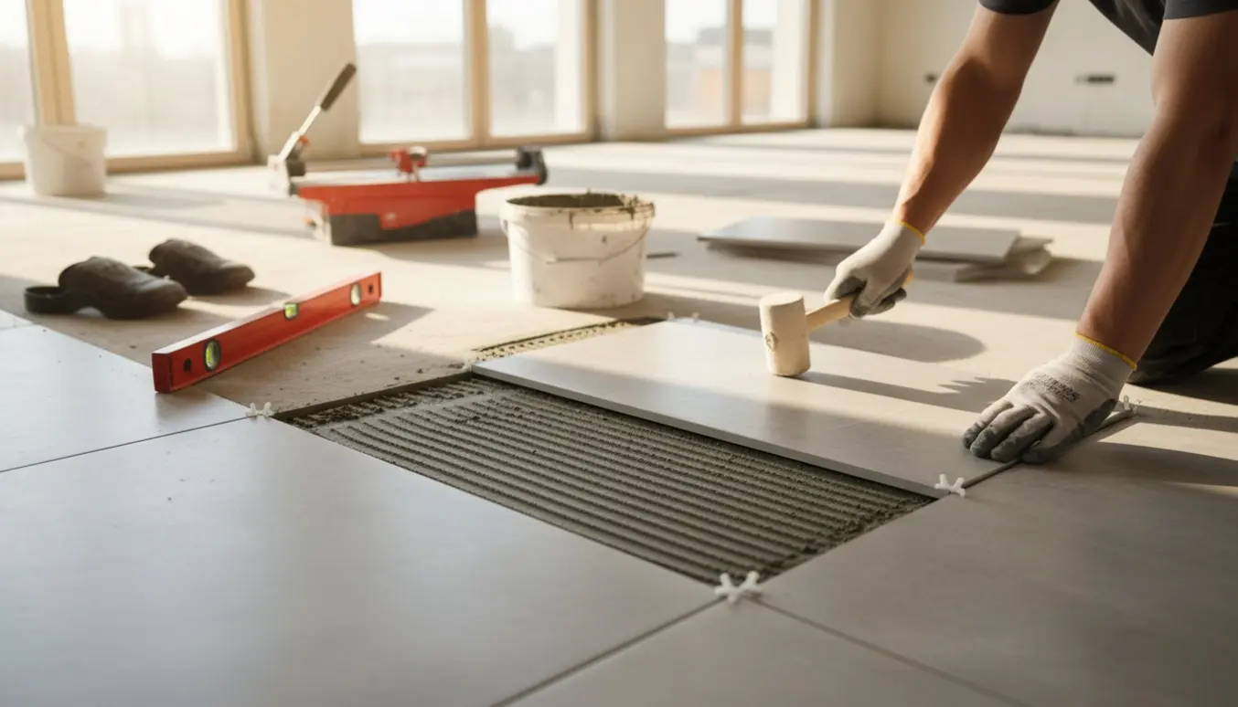 Hænder lægger gulvklinker på et nystøbt betongulv i et lyst, åbent rum med værktøj ved siden af.