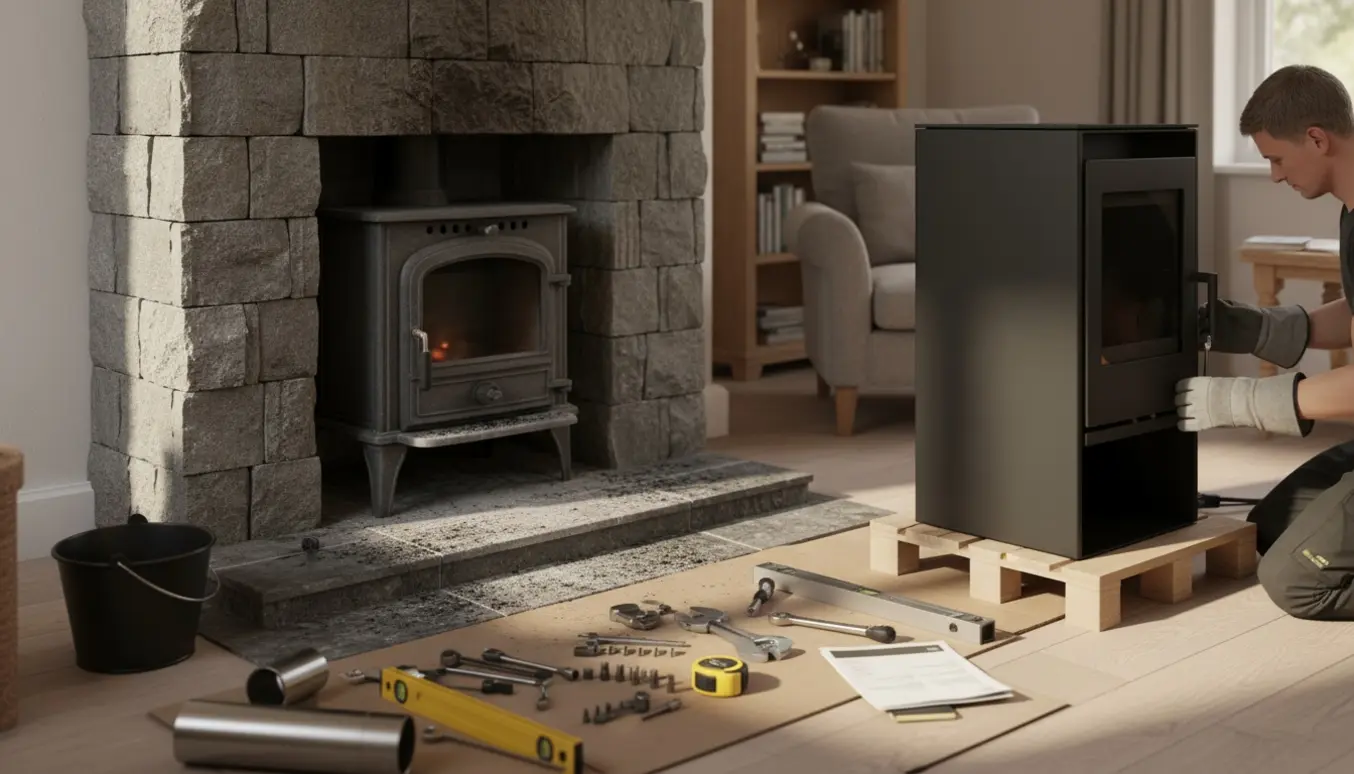 Udskiftning af en gammel brændeovn med en ny moderne ovn i en stue, håndværker arbejder med værktøj.