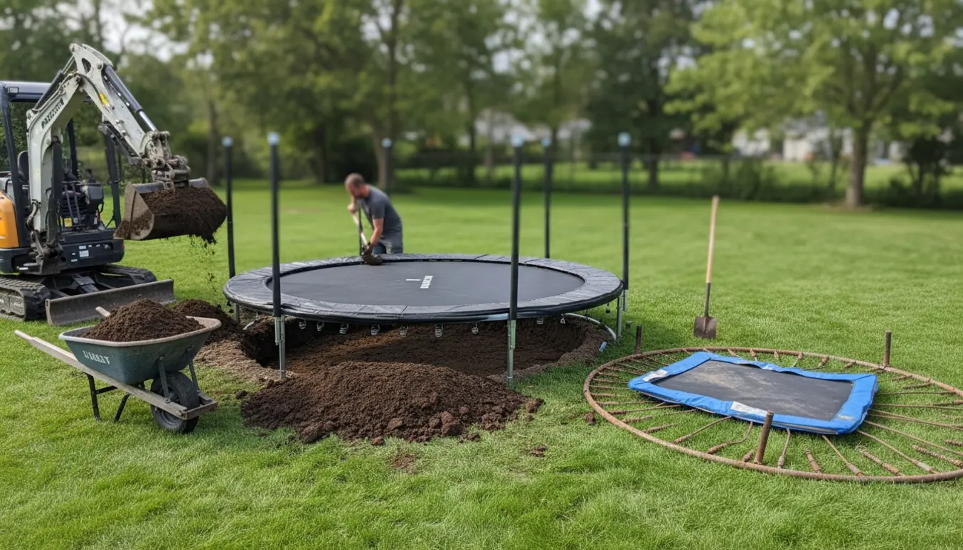 Ny trampolin sænkes ned i et udgravet hul i haven med en minigraver og jord, mens en gammel ramme ligger klar til bortskaffelse.