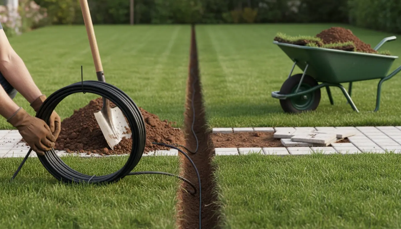 Opgravet kabelrende over græsplæne og flisegang med kabelrulle og værktøj i forgrunden.