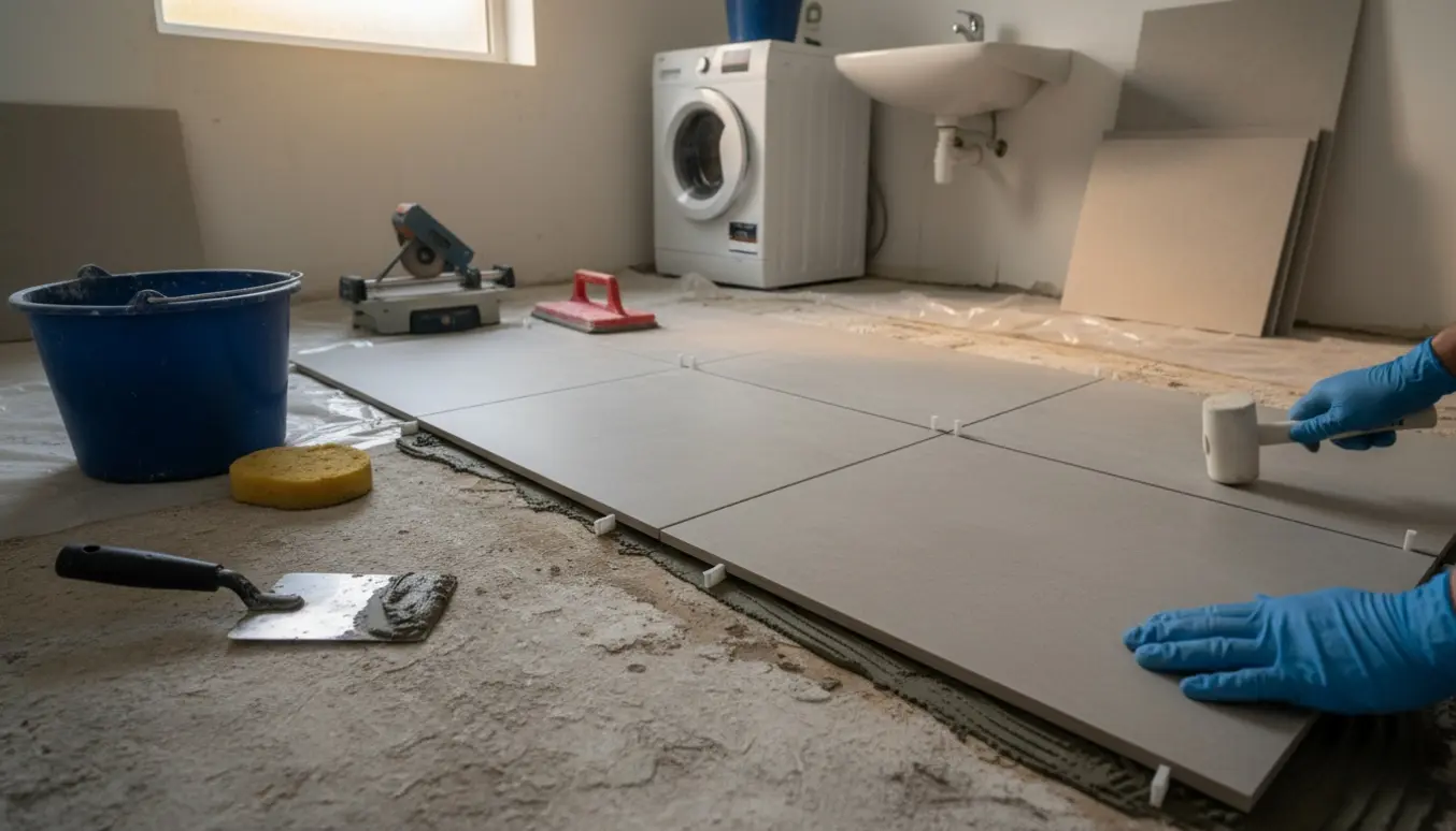 Hænder lægger store kvadratiske fliser i et lille bryggers efter fjernet mosaikgulv.