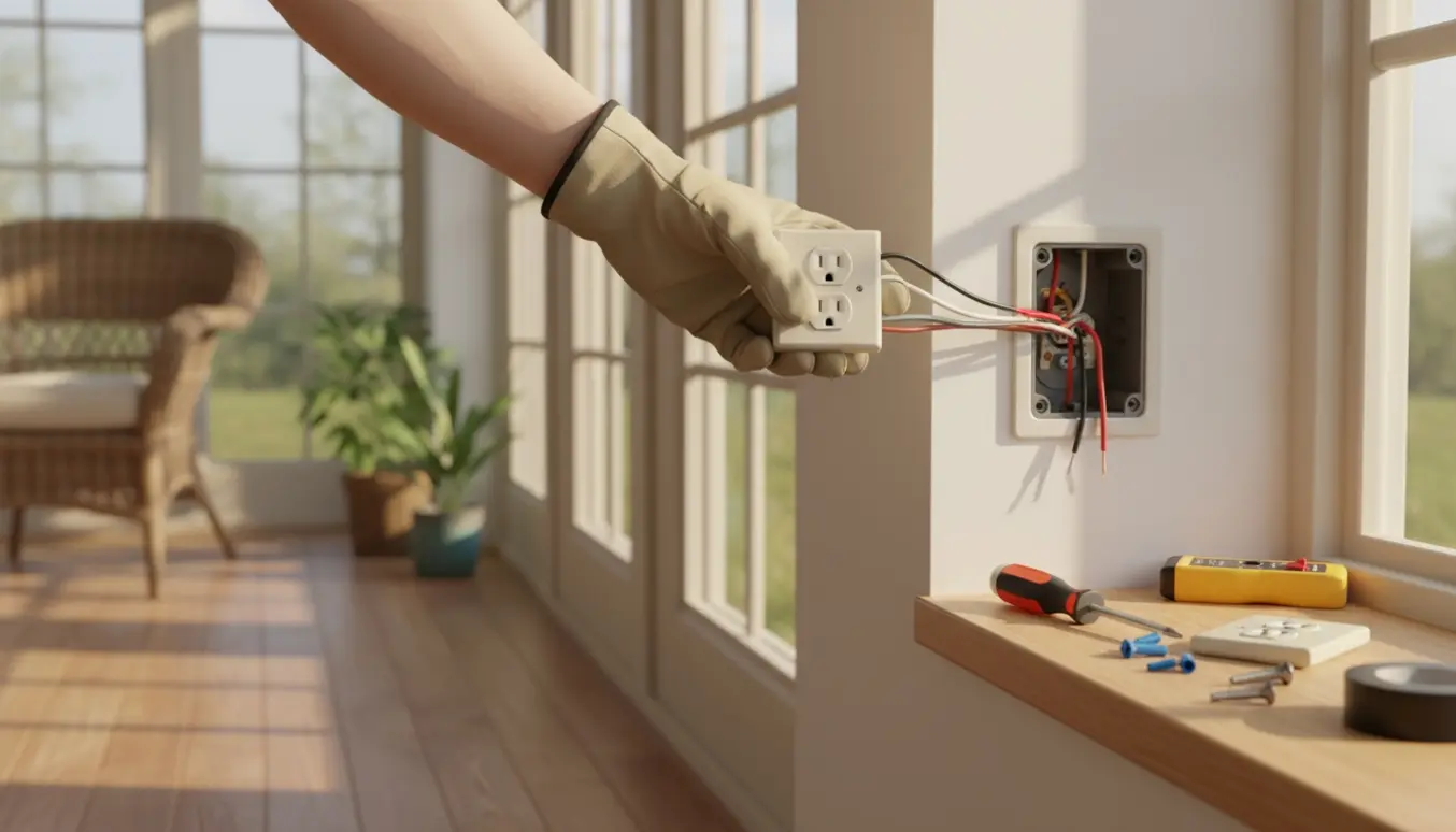 Nærbillede af hænder i handsker, der skifter en stikkontakt i en lys udestue med værktøj og planter i baggrunden.