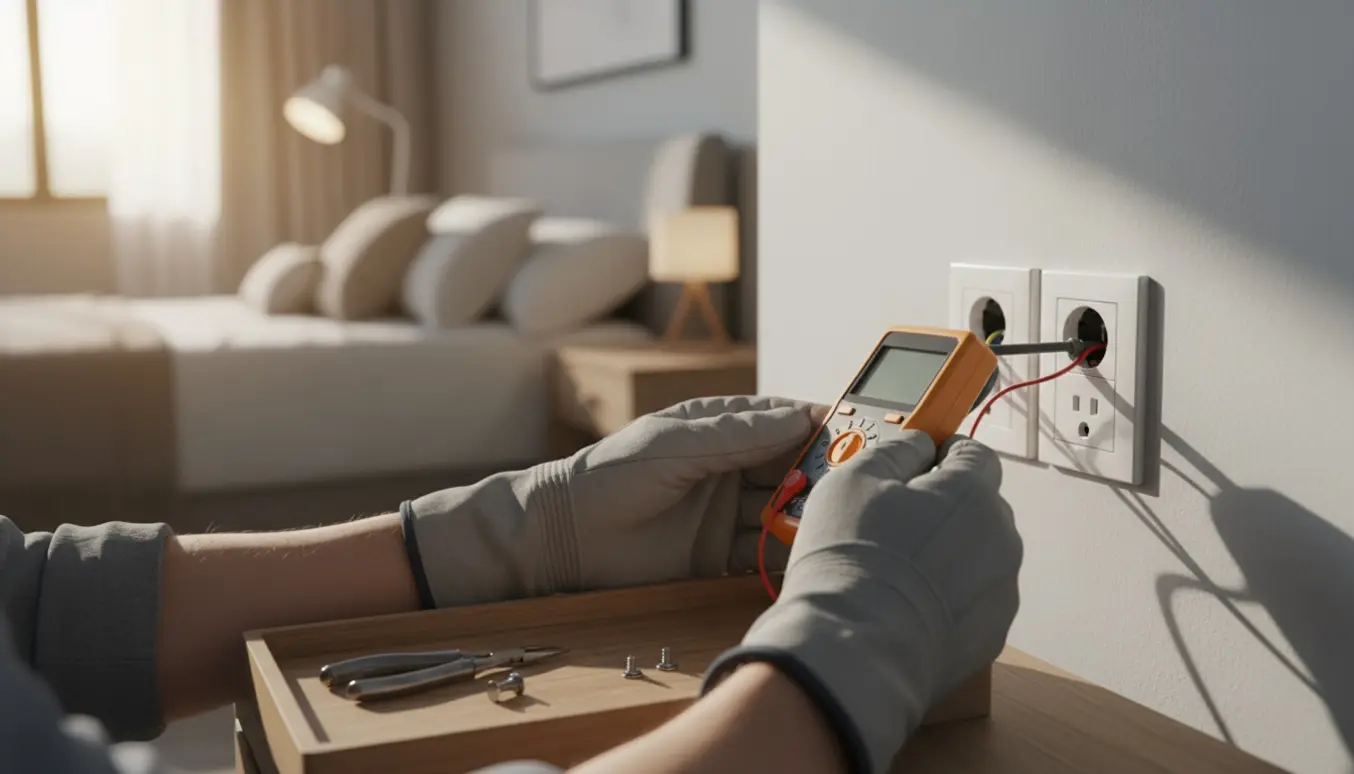 Hænder med isolerede handsker tester en stikkontakt i et soveværelse med løs faceplate og værktøj ved siden af.
