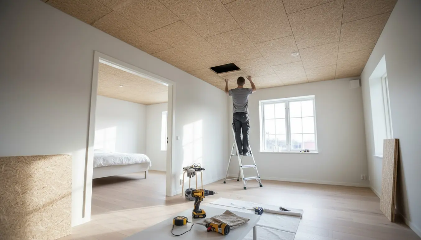 Lys stue og åbent soveværelse med delvist monterede Troltekt-agtige wood-wool loftplader og værktøj klar til installation.