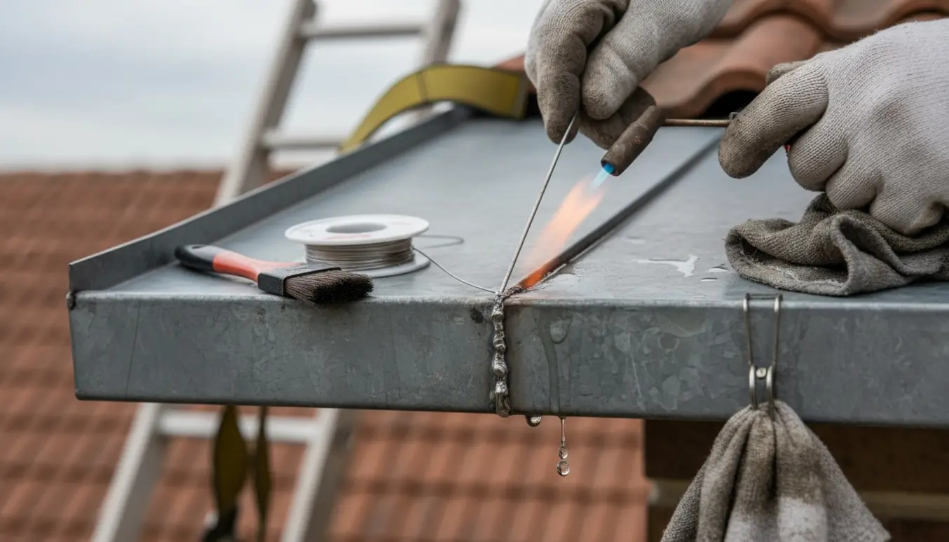 Nærbillede af handsker, der reparerer en utæt samling på en zinktagrende med lodning.