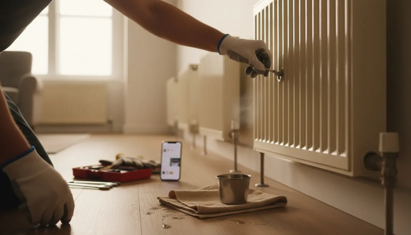 Hænder bruger en nøgle til at lufte en radiator foran en række på fem radiatorer i et lyst hjem.