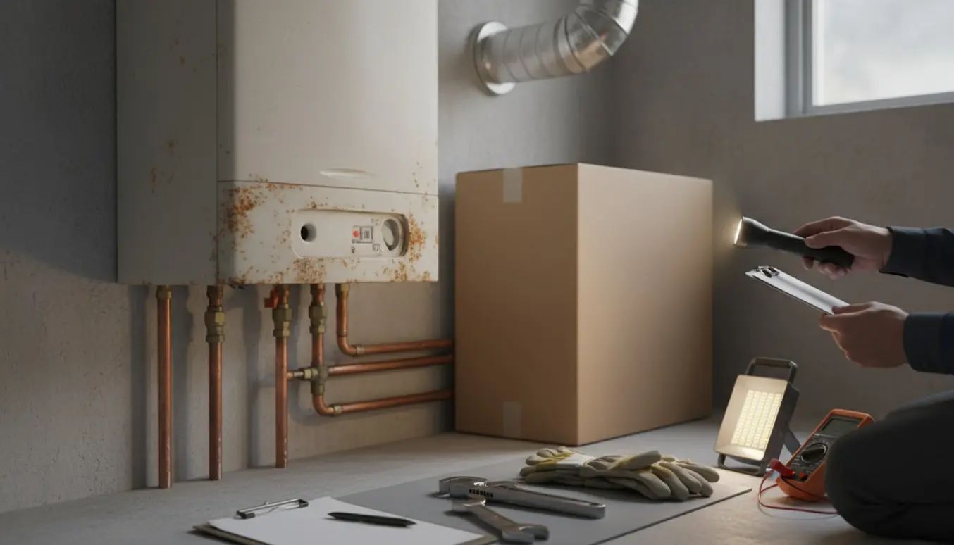 Tekniker inspicerer et gammelt gasfyr i fyrrummet før mulig installation af et nyt Vaillant-fyr.