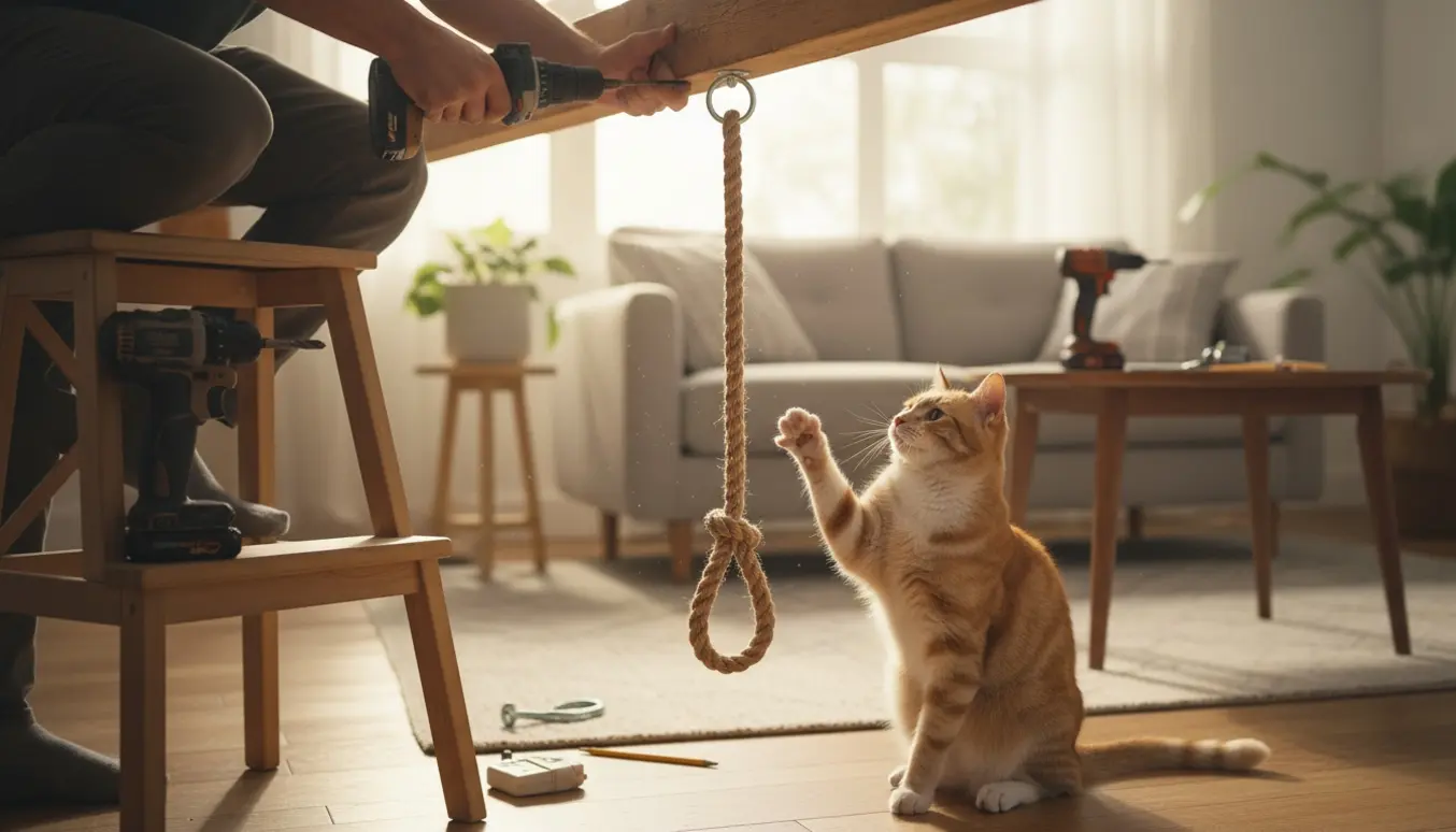 En person monterer et reb i loftet, mens en kat leger med det.