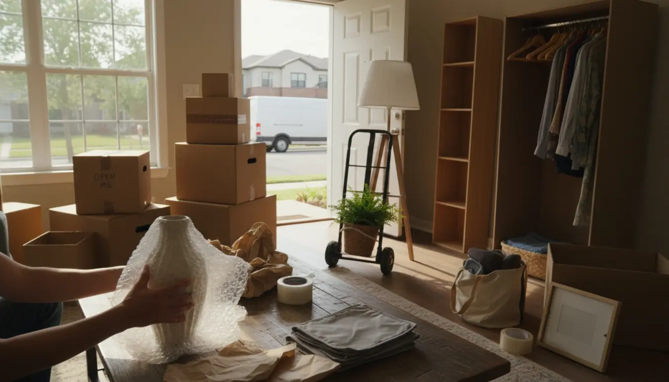 Hænder pakker en skrøbelig vase i bobleplast i en soloplyst stue fyldt med flyttekasser.