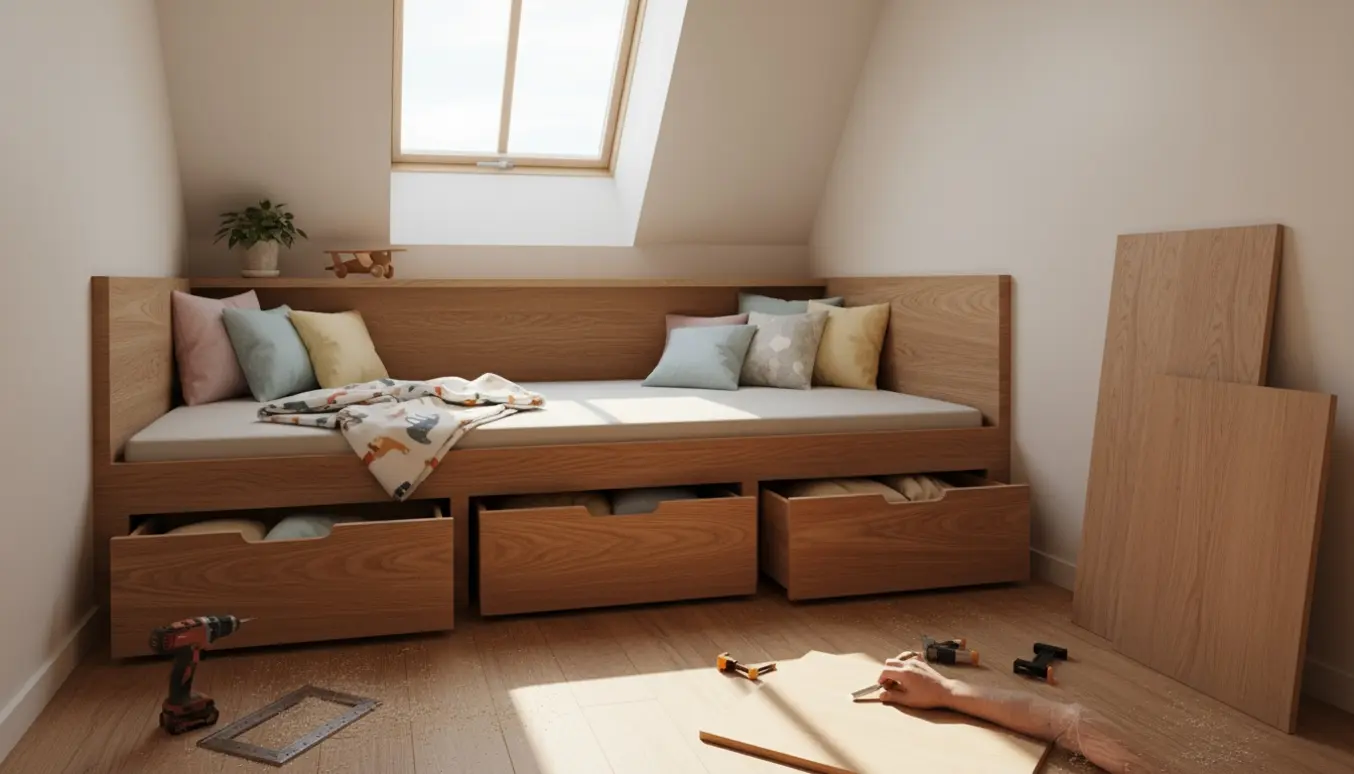 Lav indbygget træ-daybed i et lille værelse med skæve vinkler og opbevaringsskuffer.