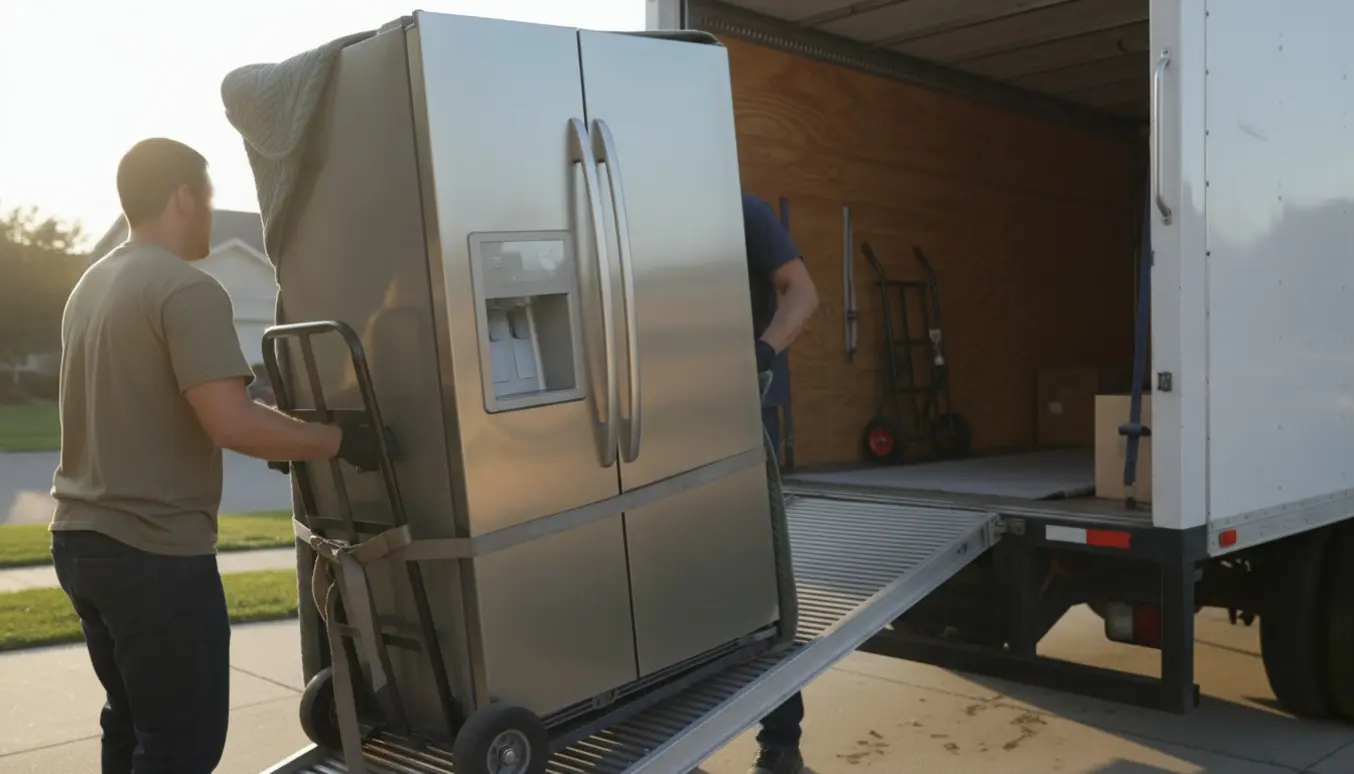 Et stort amerikansk køle-fryseskab læsses forsigtigt op i en flyttebil på en indkørsel.