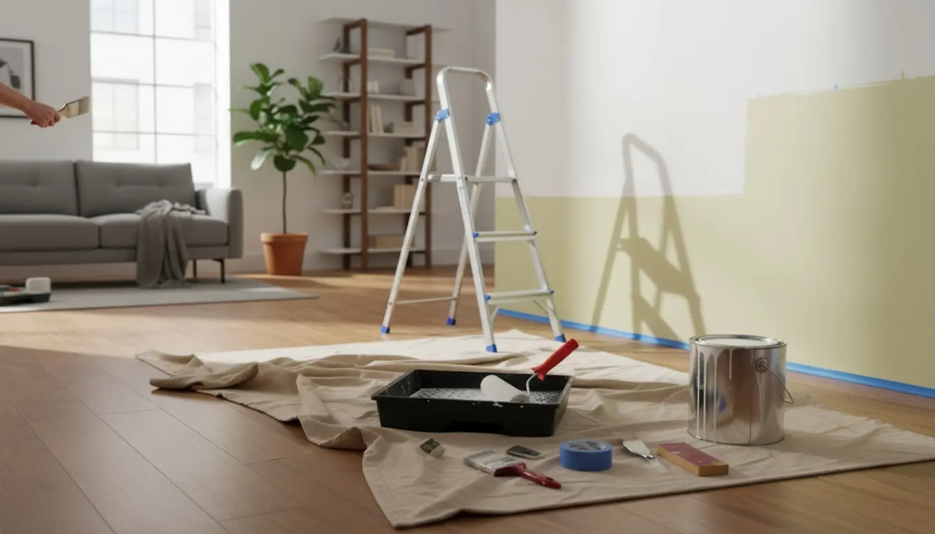 Nymalet lejlighedsvæg med malerredskaber og stige i naturligt dagslys.
