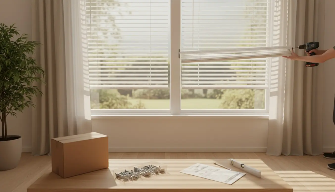 Hænder monterer to hvide persienner i et lyst, skandinavisk rum.