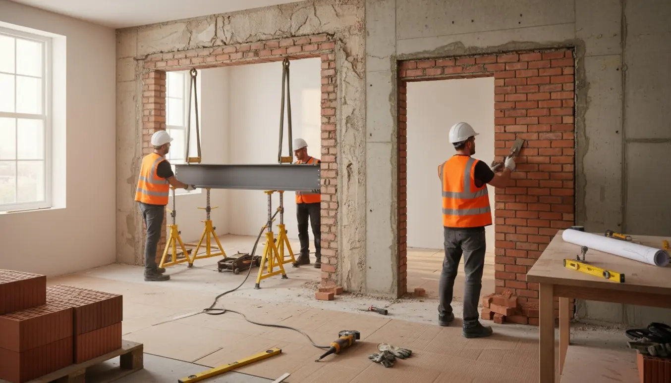 Køkkenrenovering med bærende væg fjernet, en stålbjælke under montasje og en døråbning, der mures til.