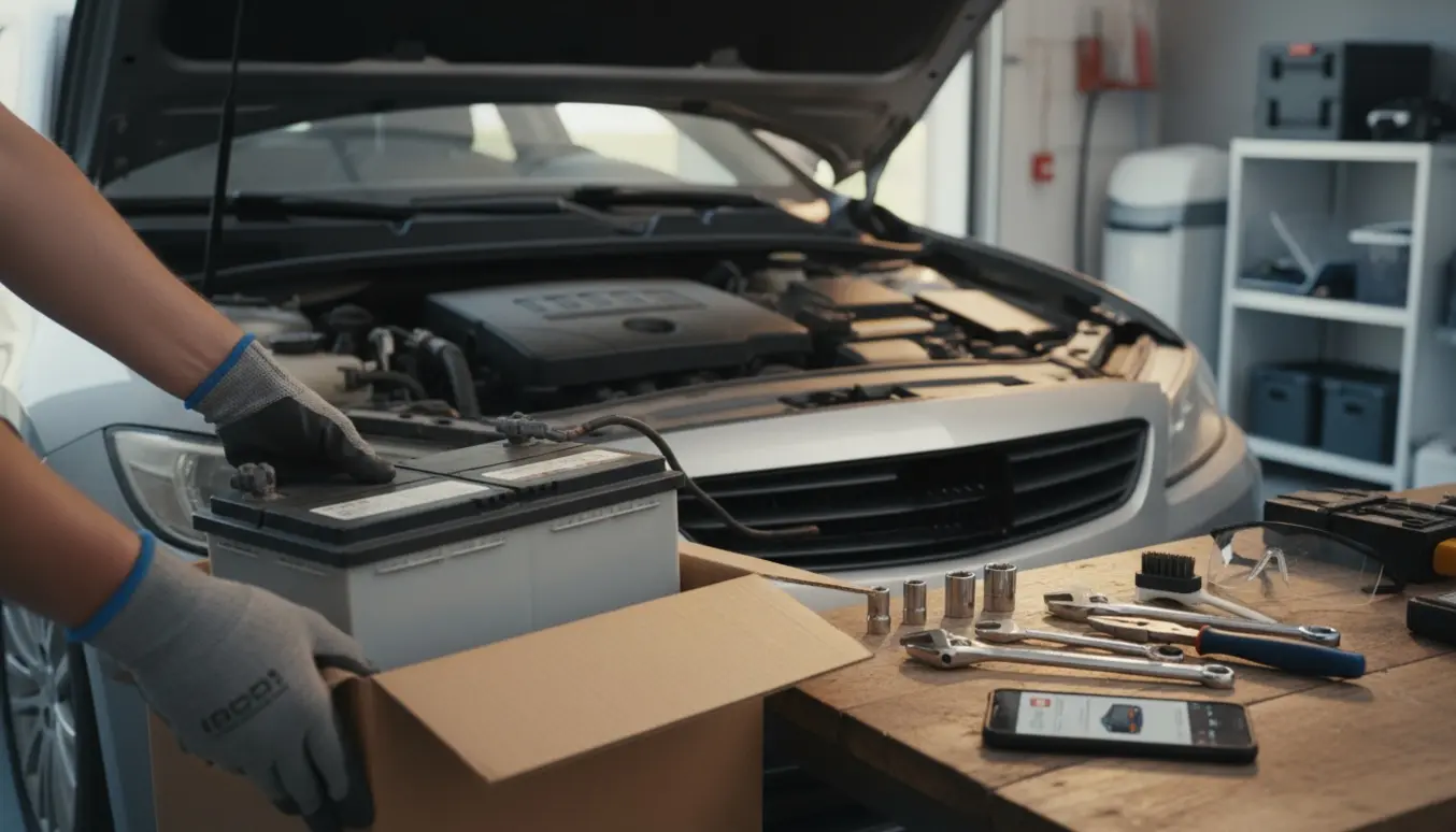 Åben motorhjelm med handsker på hænder, et nyt bilbatteri i kasse klar til montering.