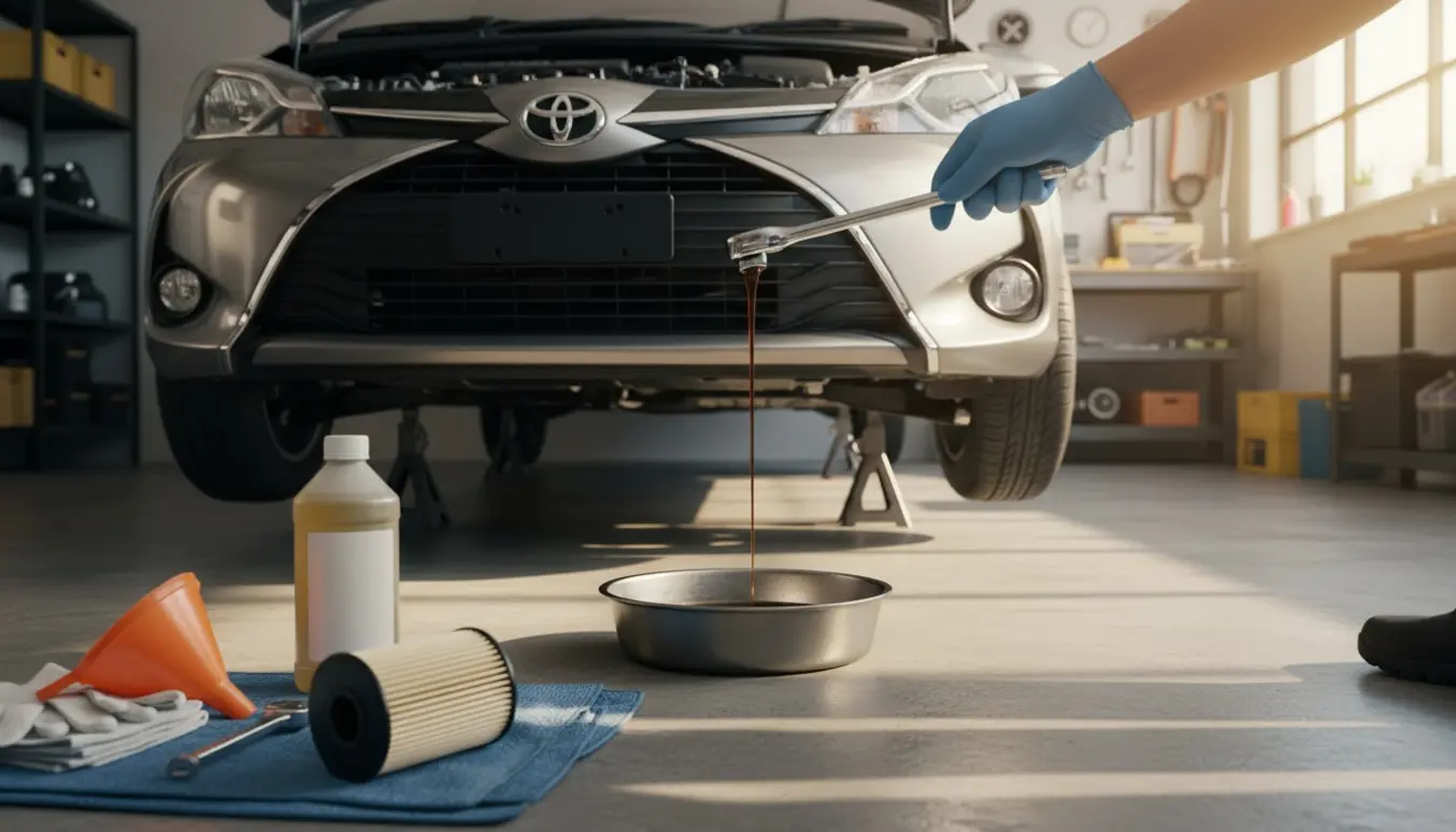 Olieskift på en Toyota Yaris fra 2017 med brugt olie i en opsamlingsbakke og nyt oliefilter klar.