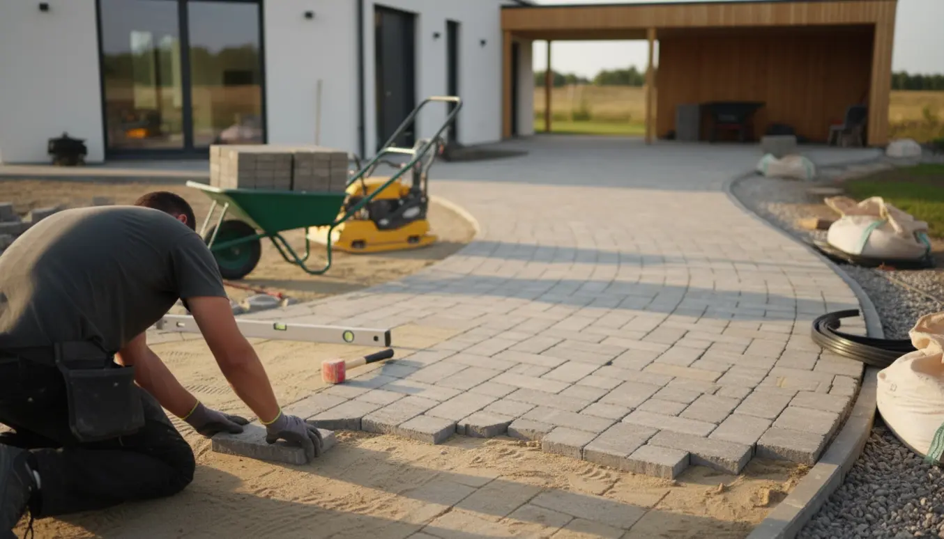 Person lægger fliser rundt om et hus og en carport på en solrig byggeplads.