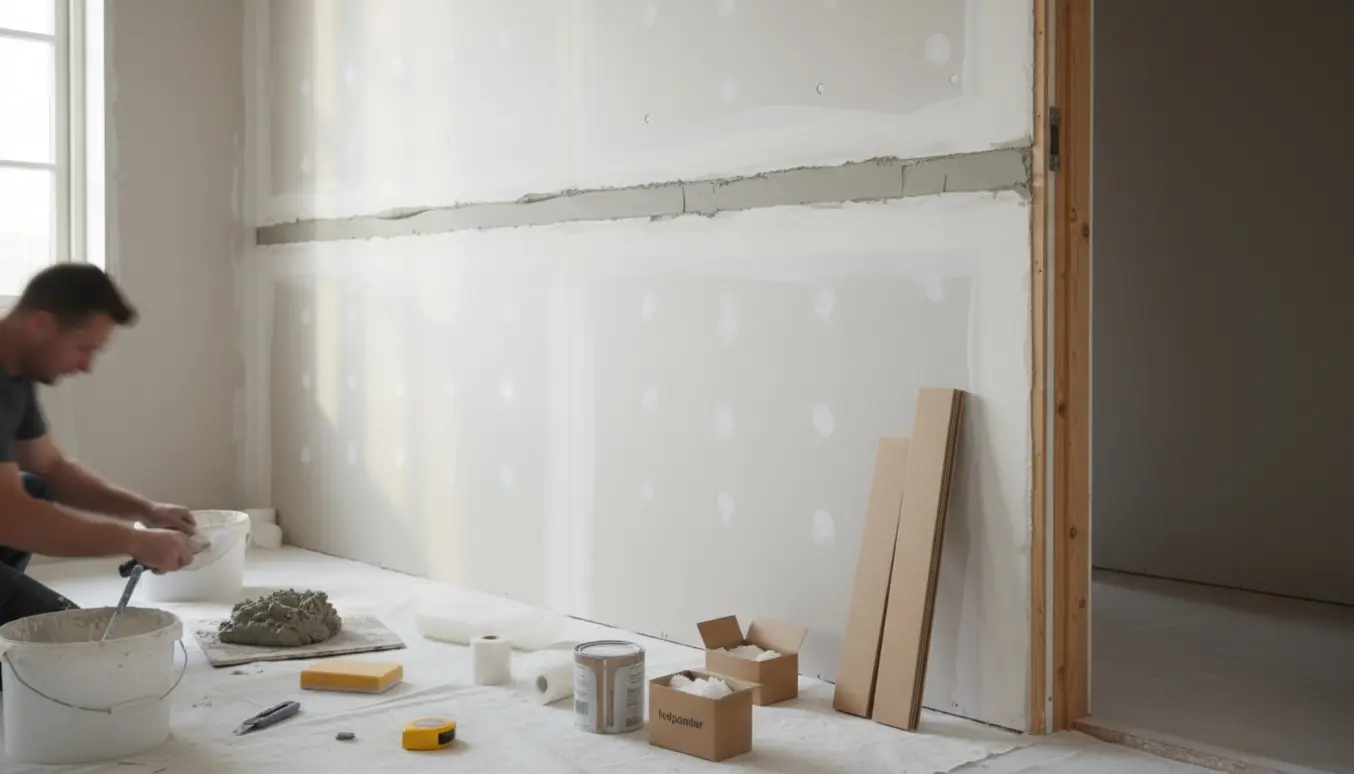 Nyopsat skillevæg med spartelværktøj og fodpaneler klar til montering i naturligt dagslys.