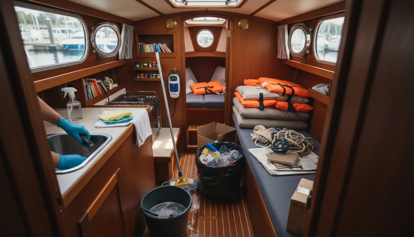 Indvendig bådskabin på 20–25 m² under grundig rengøring og oprydning med spand og affaldssæk.