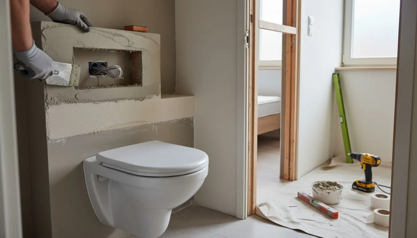 Hænder spartler en genoprettet rørkasse over et lille toilet med synlig stikkontakt og en opstillet dørkarm i baggrunden.