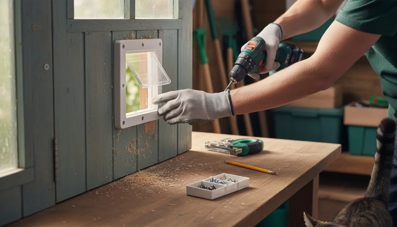 Hænder monterer en ny kattelem i en trædør til et skur med værktøj og savsmuld omkring.
