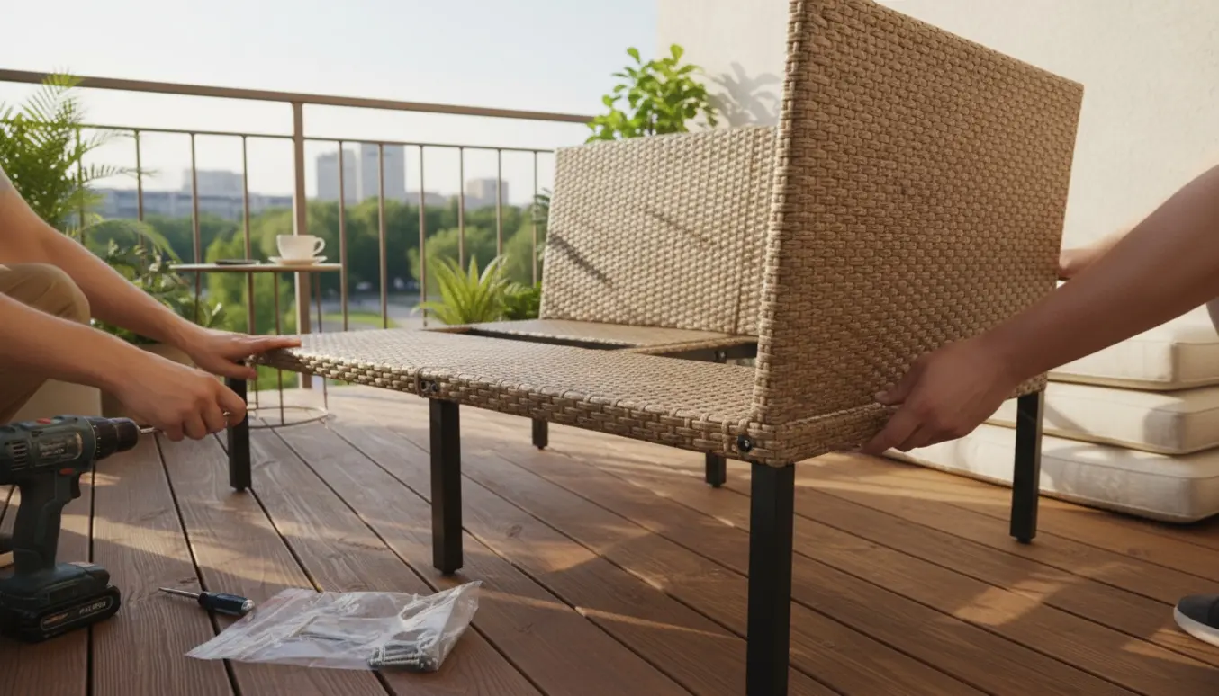 Hænder samler en rattan altansofa på en solrig altan med værktøj og puder ved siden af.