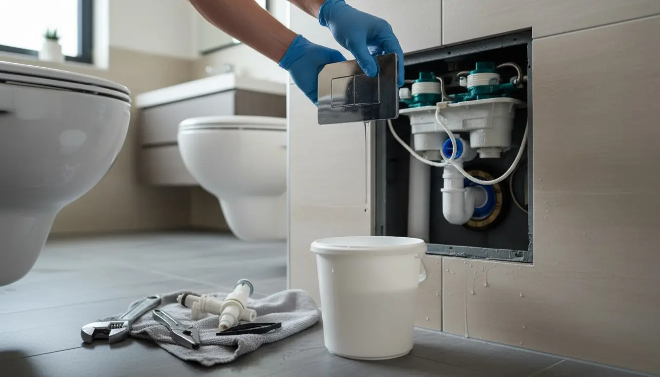 Hænder reparerer en åben indbygget cisterne bag fliser med værktøj og en spand til dryppende vand.