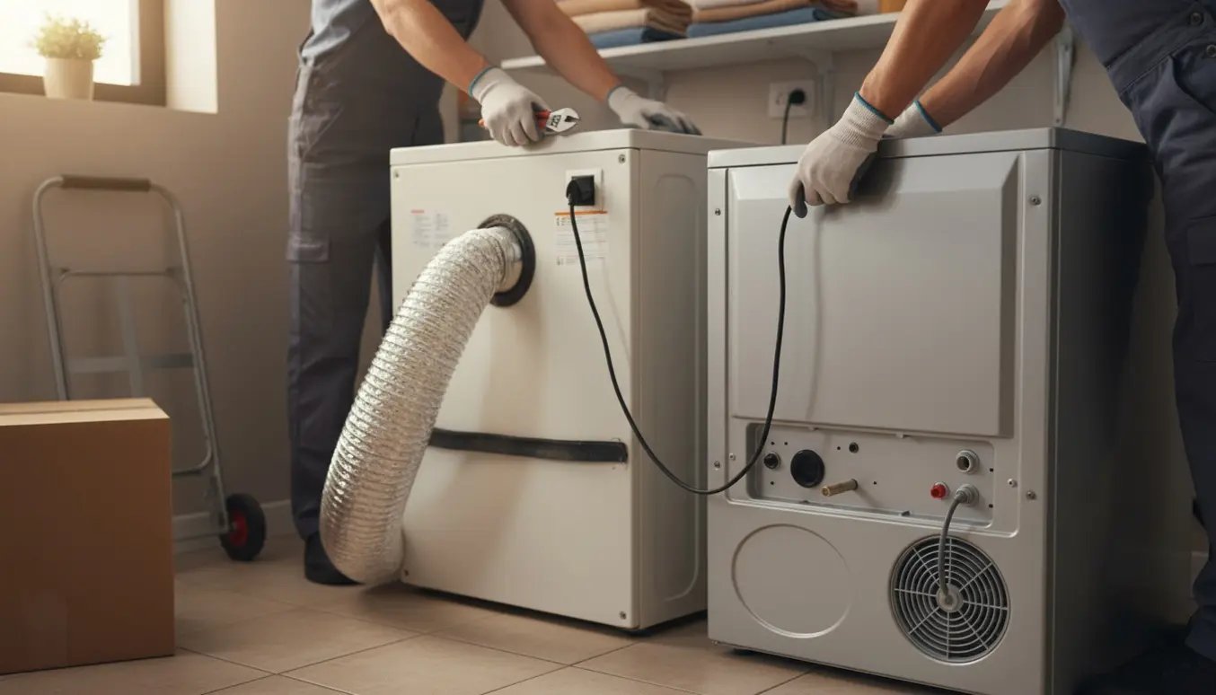 Tekniker frakobler en gammel tørretumbler og klarer installationen af en ny energieffektiv tørretumbler i et lyst bryggers.