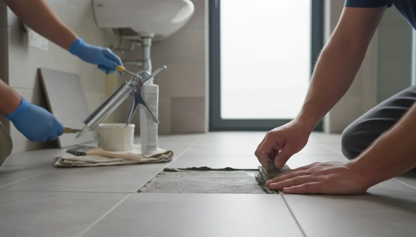 Nærbillede af hænder, der fuge en løst flise med grå fuge på badeværelsesgulvet, mens gammel silikone ved håndvask fjernes og nyt silikone og maling er klar.