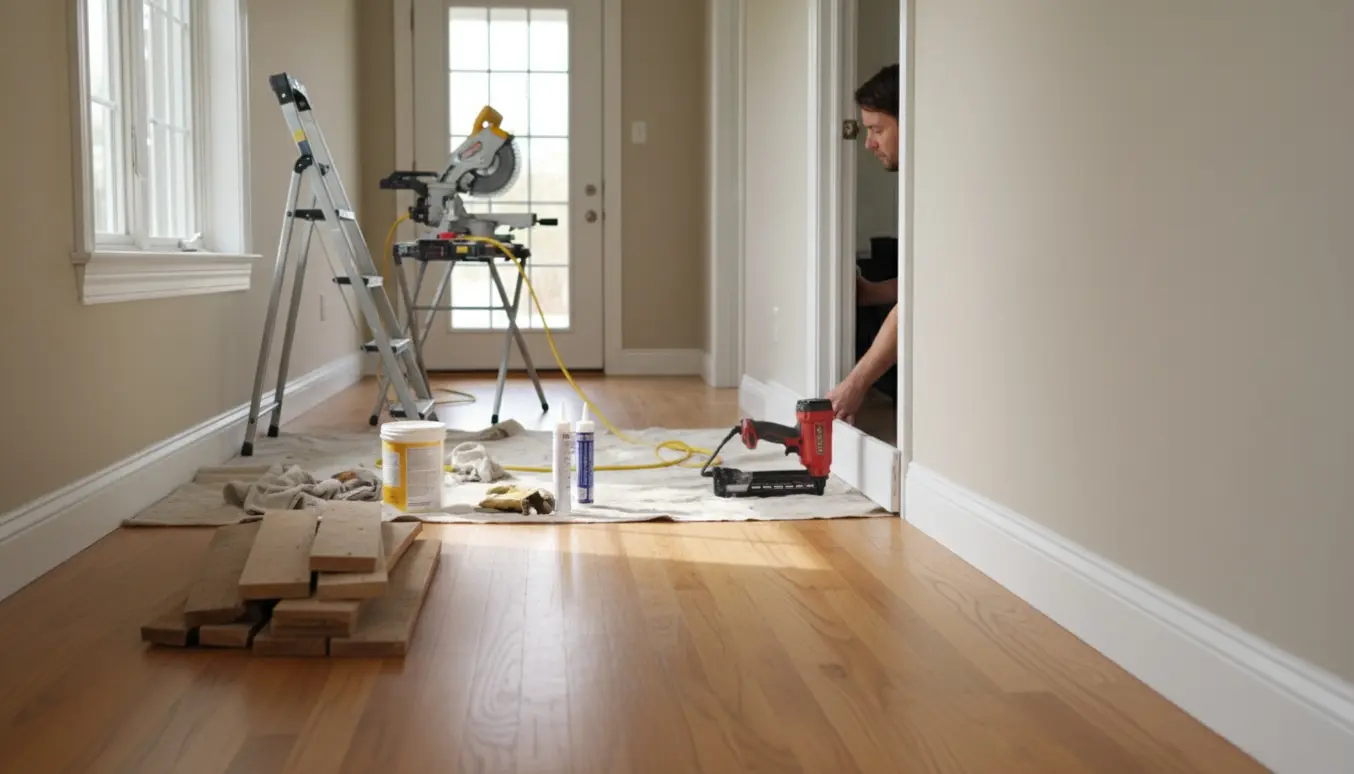 Hænder monterer nye fodlister og gerigter i en lys gang med værktøj og afmonterede paneler på gulvet.