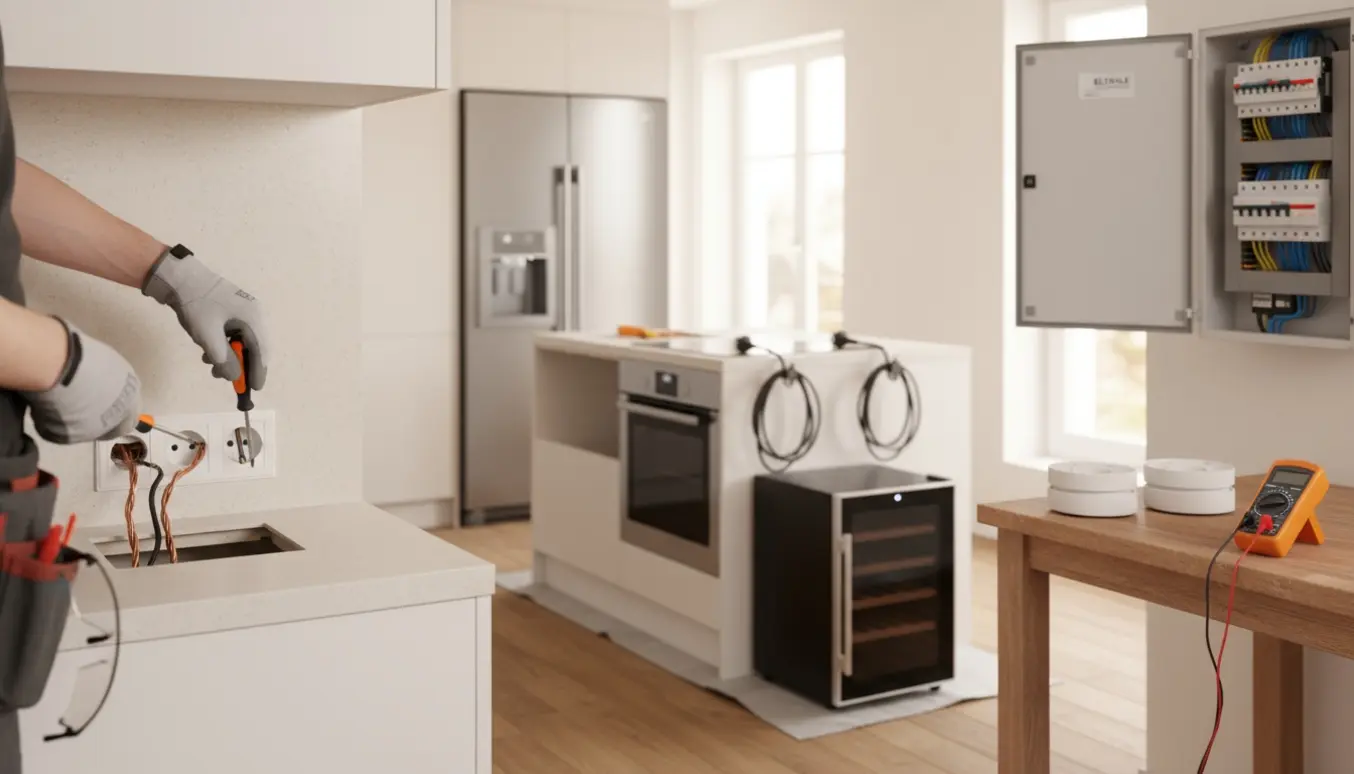 Elektrikermontering af nye stikkontakter i et moderne køkken under renovering.