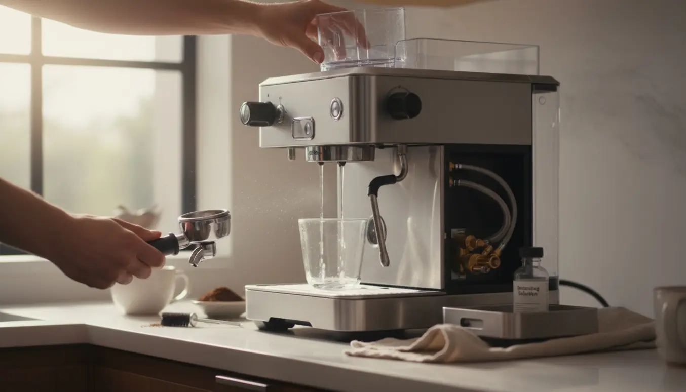 Nærbillede af en moderne espressomaskine på køkkenbord, hvor hænder fjerner vandbeholderen mens en kort varm vandstråle falder i en kop.