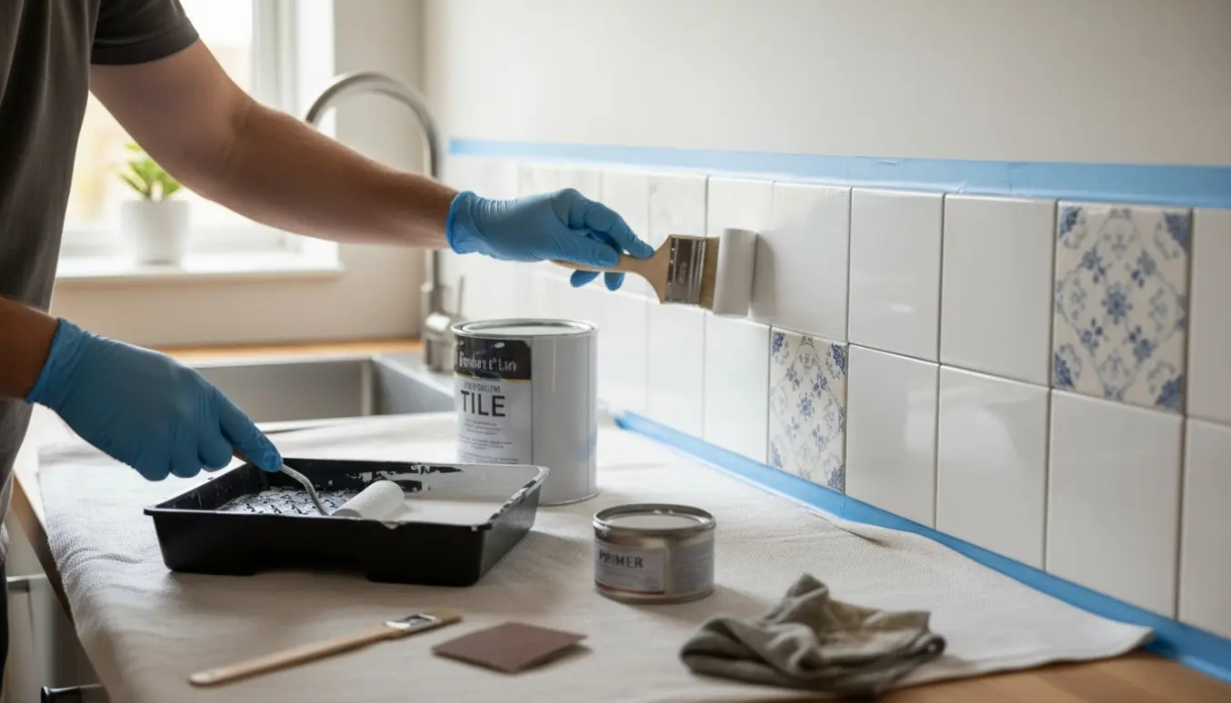 Nærbillede af handske-beklædt hånd, der maler mønstrede køkkenfliser hvide med rulle og pensel ved en solbelyst bagvæg.