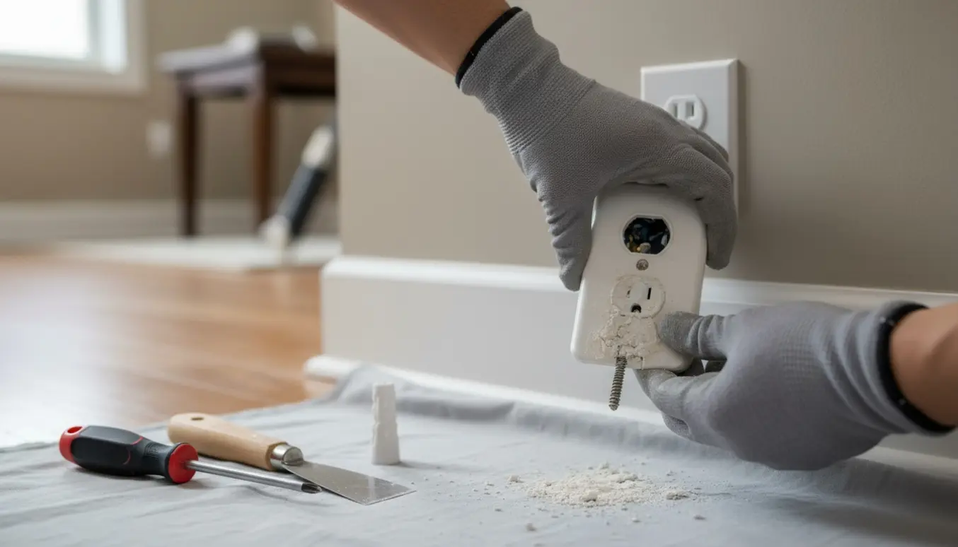 Løst stikkontakt uden dæksel med løs skrue og smuldrende murværk omkring hullet.