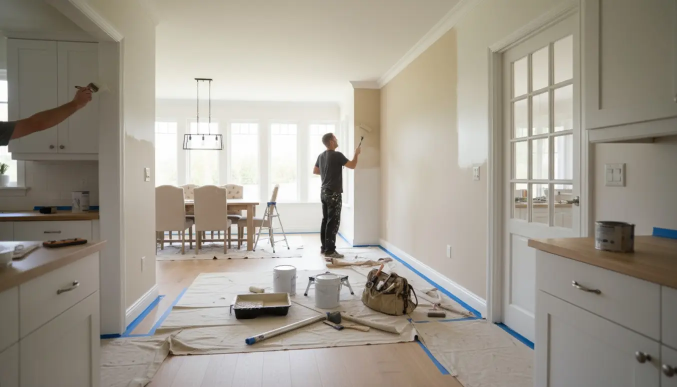 Åbent køkken-alrum med vægge og en dørkarm under maling, værktøj og afdækningsduge fremme.