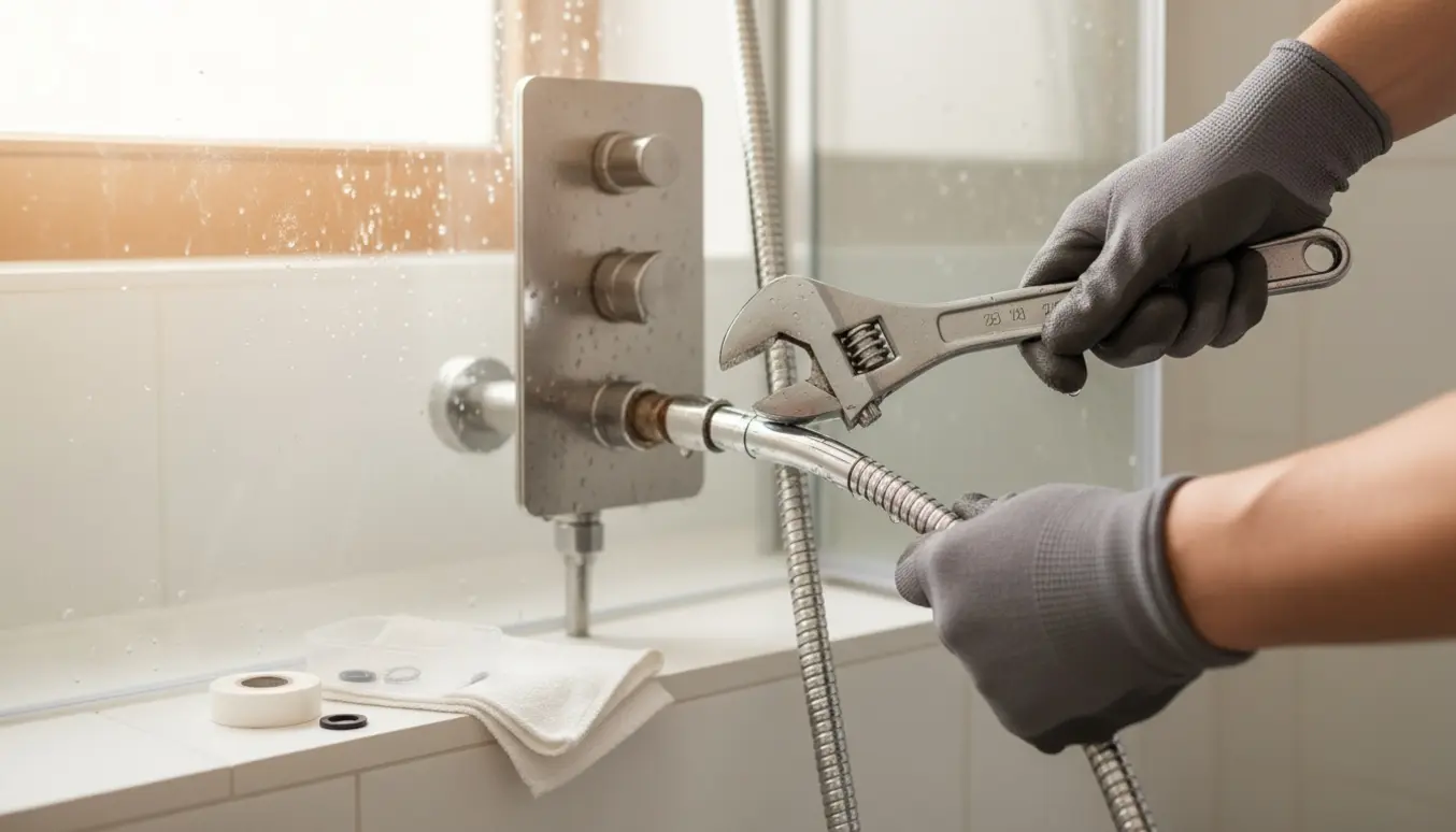 Nærbillede af hænder, der skifter en krom bruseslange i et lyst, moderne badeværelse.