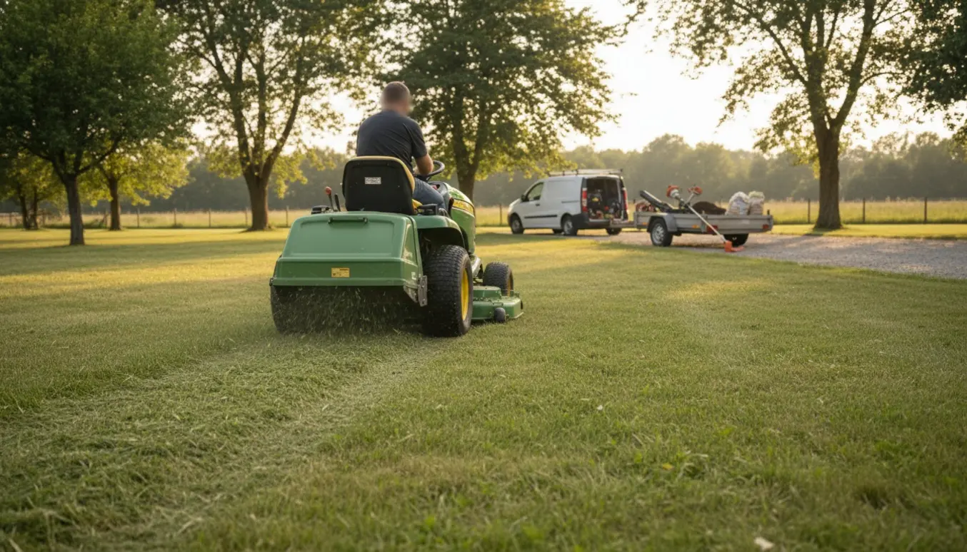 Havetraktor slår en rummelig græsplæne med træer, mens en varevogn med anhænger står på indkørslen.