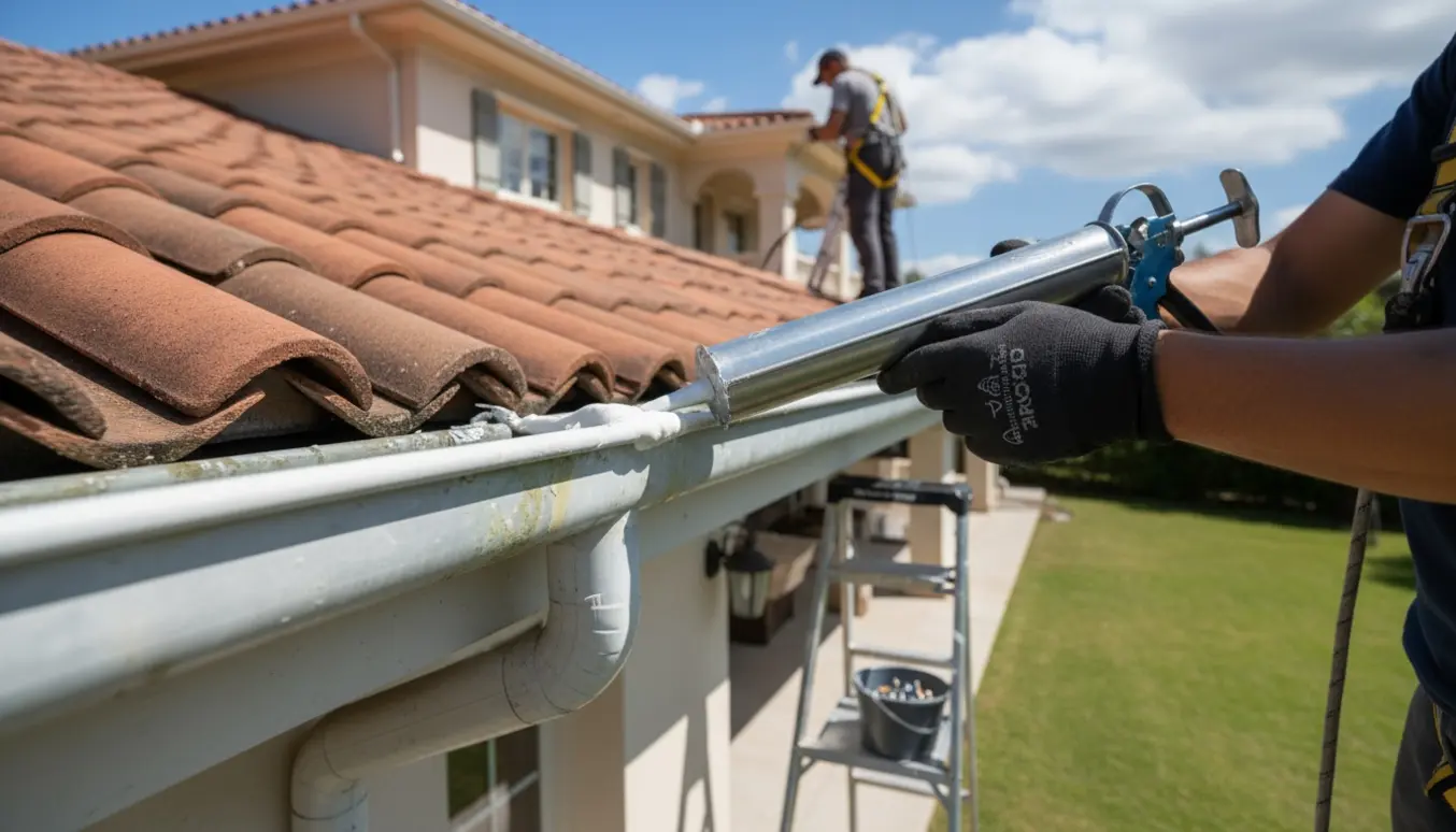 Nærbillede af reparation af tagrende på en to-etagers villa, hands bruger fugepistol til at tætne samling.