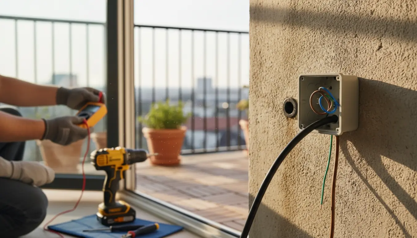 Hænder installerer en udendørs stikkontakt på en altan med værktøj og et multimeter.