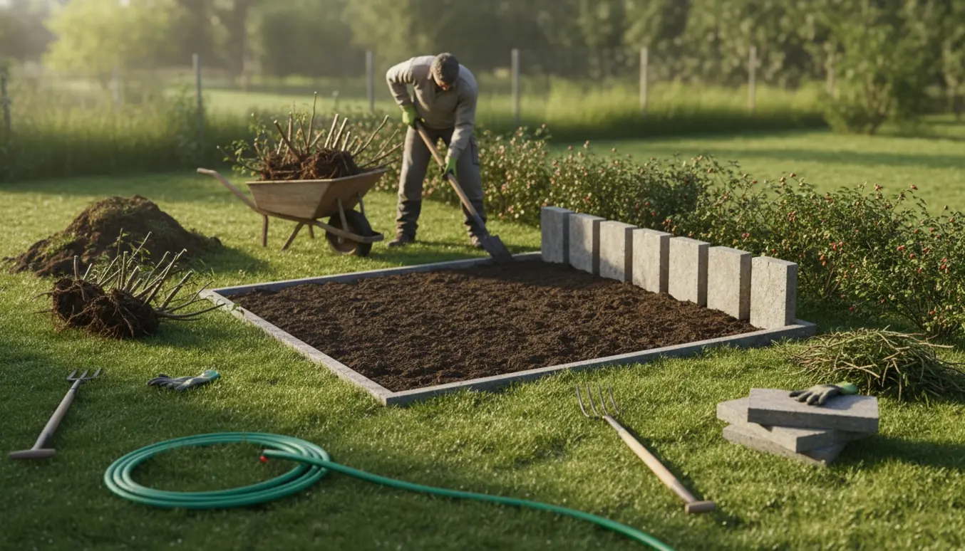 Haverbed markeret med grøn haveslange, gravearbejde, værktøj og betonfliser til kantafskærmning.