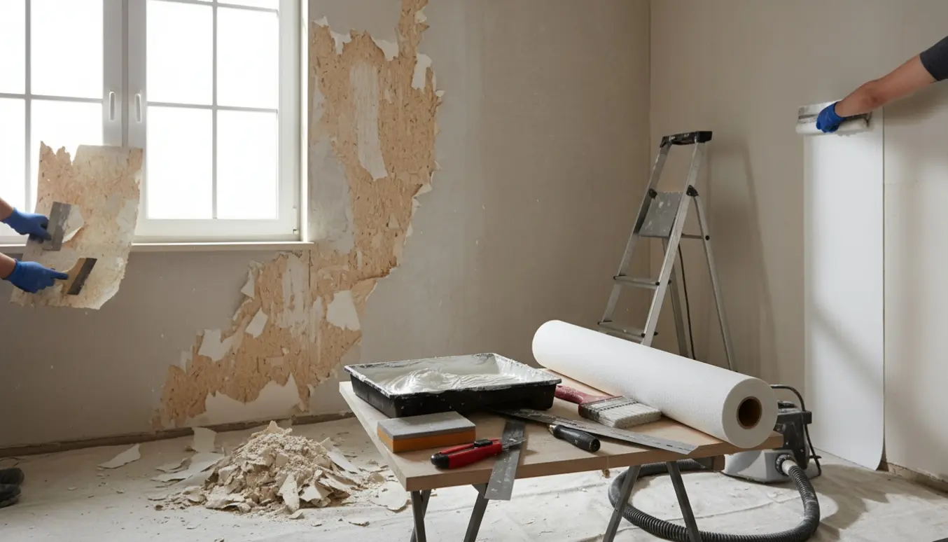 En handske-beklædt hånd fjerner savsmuldstapet og glatter filt på en væg i et lille værelse.