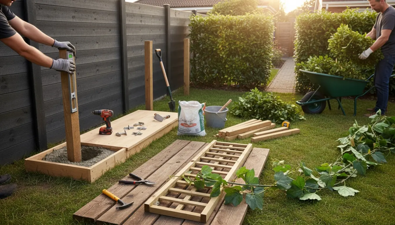 Håndværkere monterer lave hegnsstykker med porte, fjerner hæk og nedriver en træramme med klatreplante i en baghave.