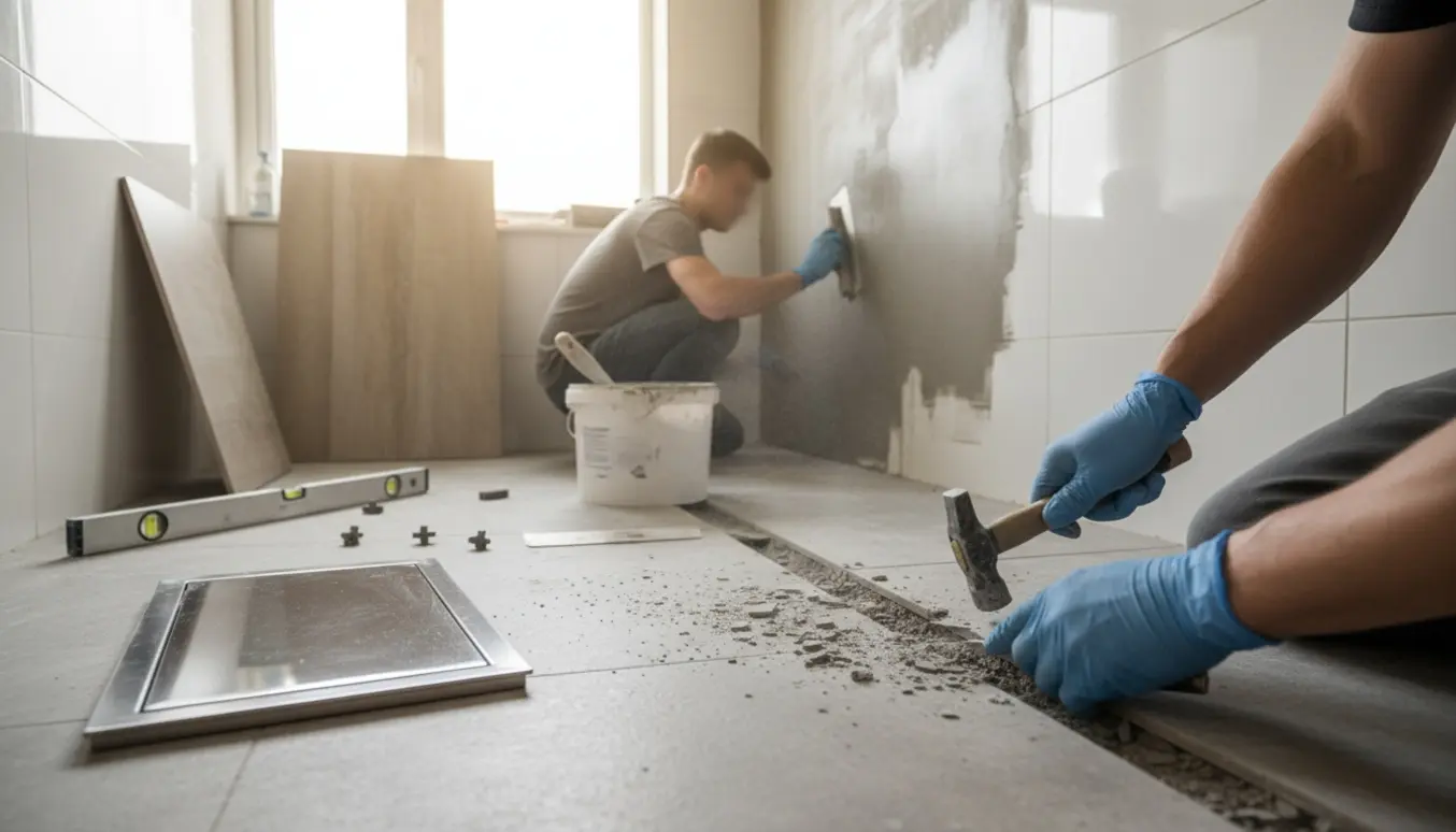 Badeværelse under renovering med udhugning til unidræn i gulvet og fuldspartlet flisevæg.